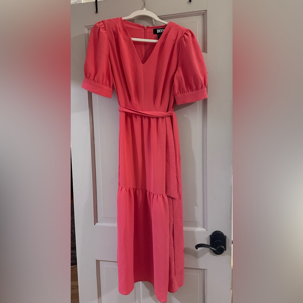 DKNY Coral V-Neck Puff Tiered Sleeve Maxi Dress 6
